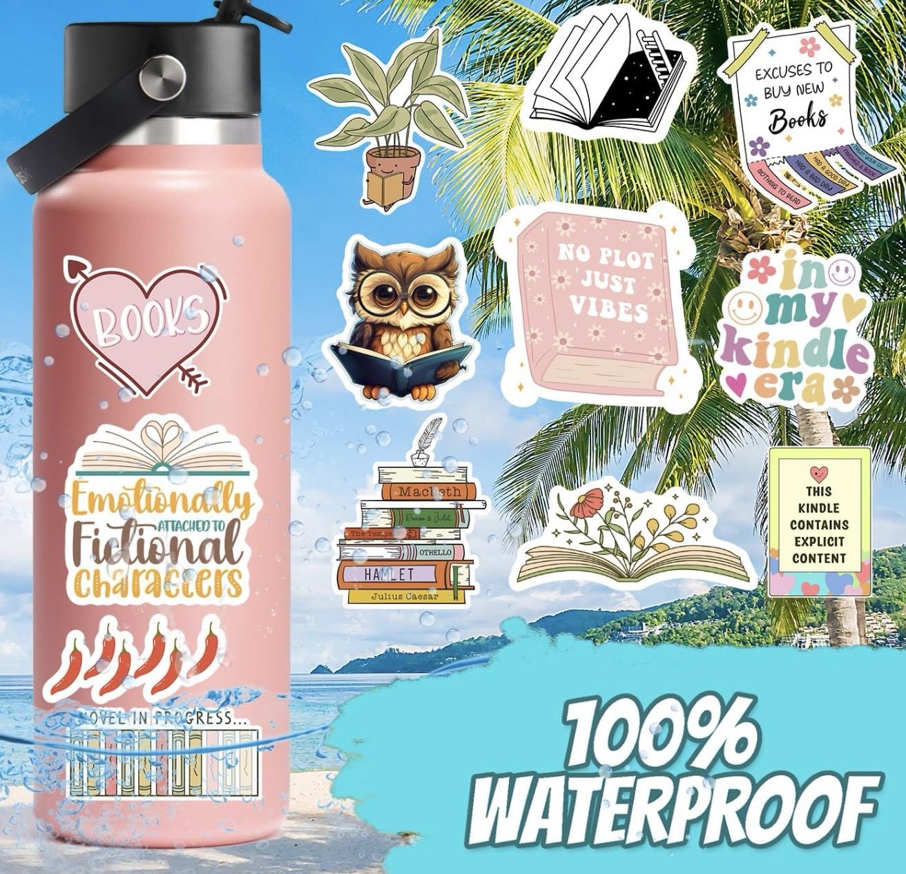100 PCS Book Stickers for Kindle, Bookish Sticker Pack, Readers Cute Booktok Vinyl Decals Holographic Waterproof